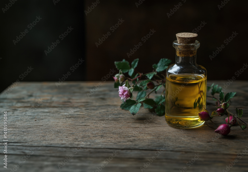 Rosehip oil bottle on wooden table Rosehip oil bottle on wooden table