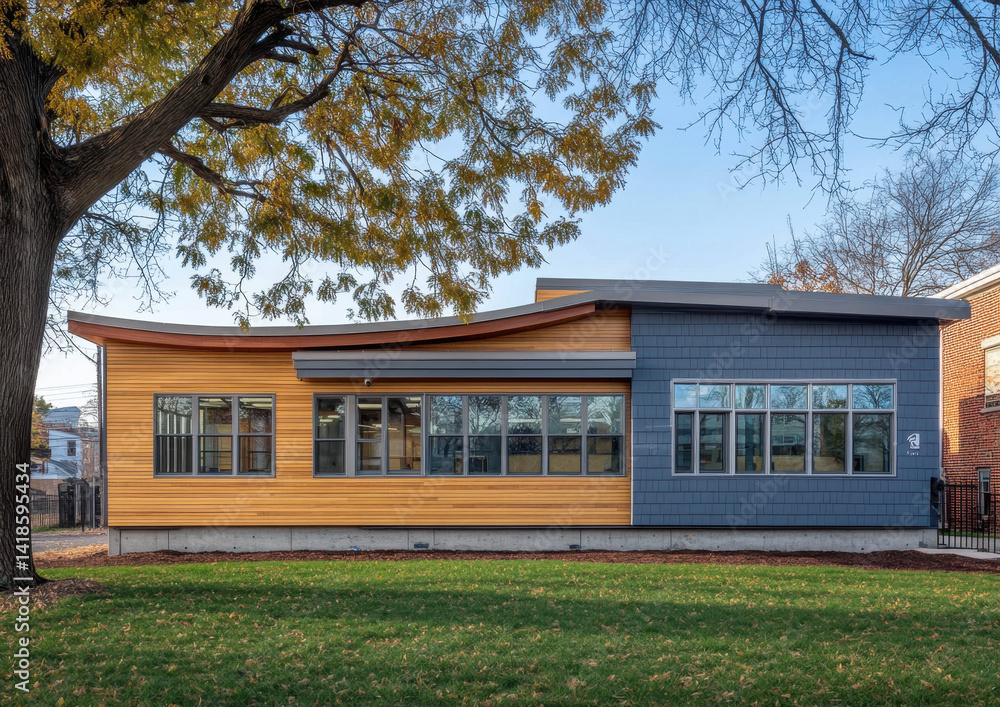 Modern building with curved roof and varied siding Modern building with curved roof and varied siding