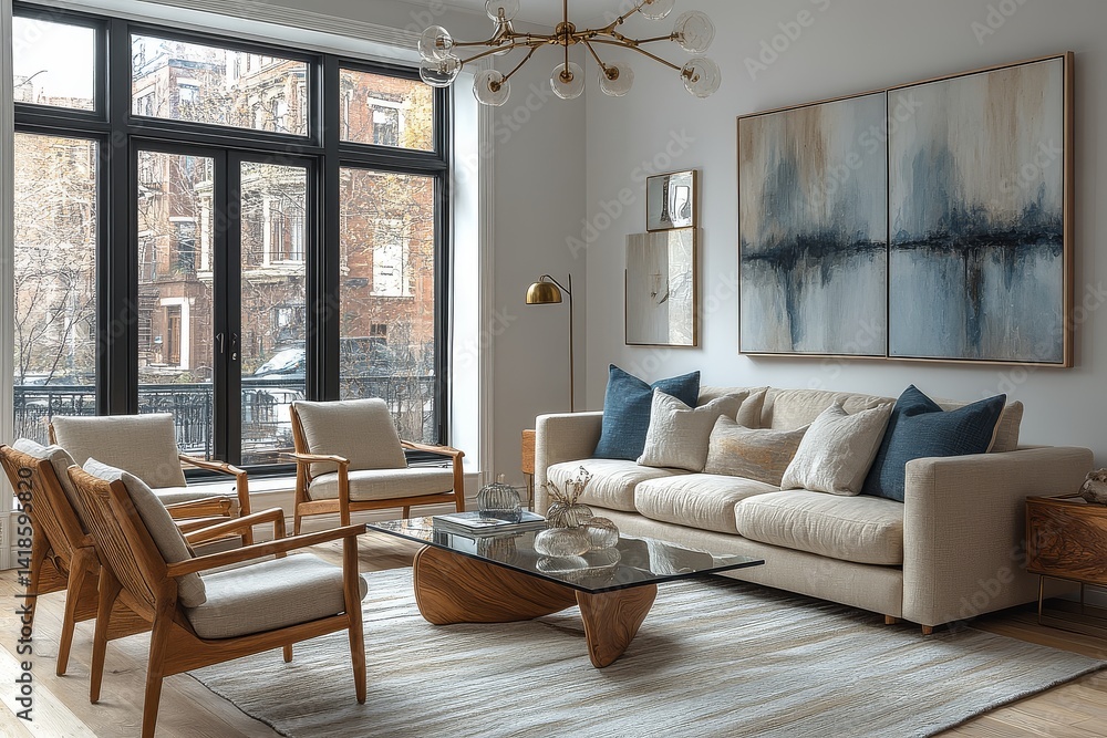 Living room in Sarah Hovering style with white walls, light wood floors, beige sofa, rosewood chairs, antique brass chandelier, and abstract art. Living room in Sarah Hovering style with white walls, light wood floors, beige sofa, rosewood chairs, antique brass chandelier, and abstract art.