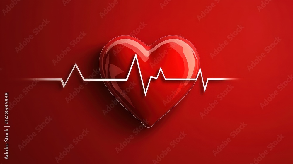 Red heart, heartbeat line, red background, health concept, medical illustration Red heart, heartbeat line, red background, health concept, medical illustration