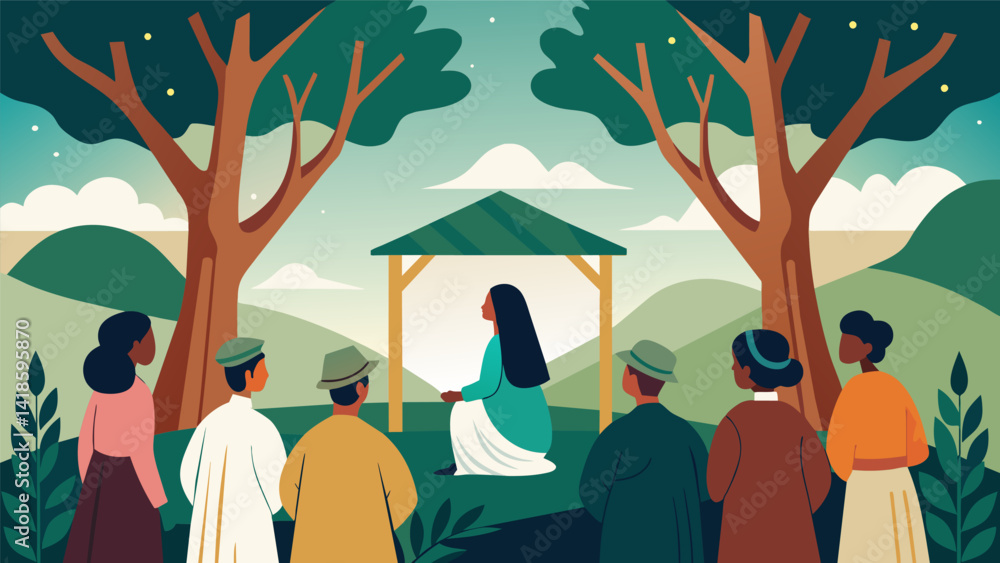 As the morning mist clears a group of churchgoers huddle together under a shelter built from tree branches offering prayers of protection and guidance. Vector illustration