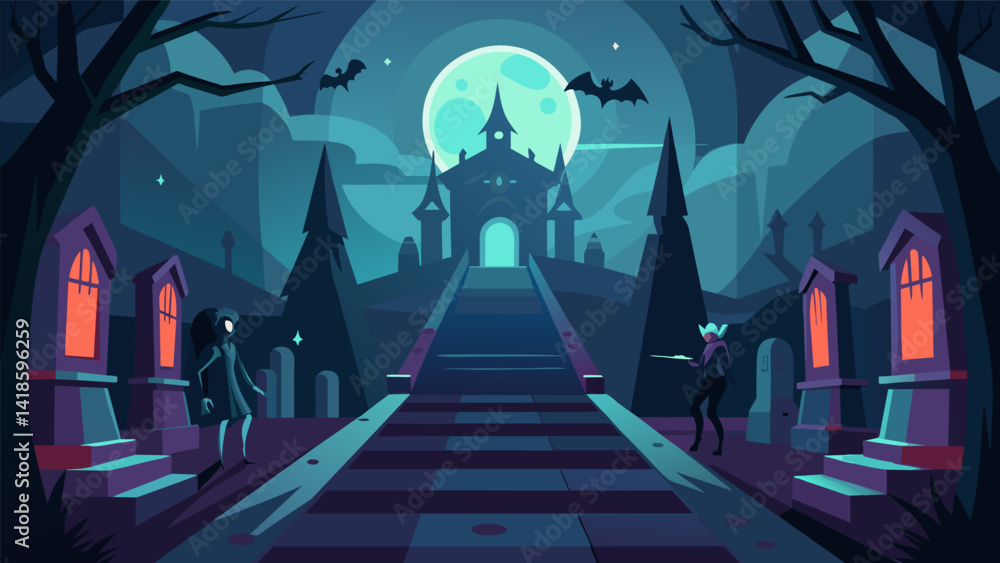 A mysterious haunted house where players must quickly power walk through dark hallways and avoid ghostly obstacles.. Vector illustration