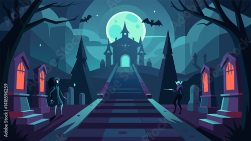 Obraz na płótnie A mysterious haunted house where players must quickly power walk through dark hallways and avoid ghostly obstacles.. Vector illustration w salonie