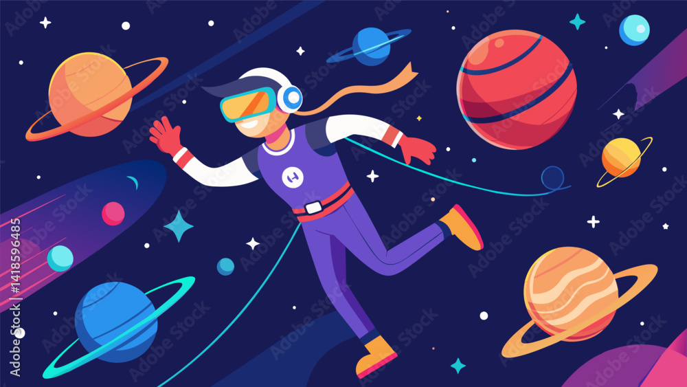 In a VR space adventure users must complete intense physical challenges in zero gravity to stay fit and survive the journey.. Vector illustration
