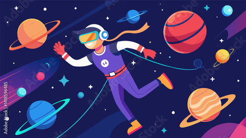 Obraz na płótnie In a VR space adventure users must complete intense physical challenges in zero gravity to stay fit and survive the journey.. Vector illustration w salonie