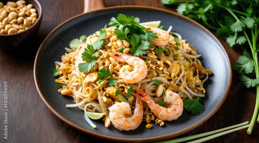 A flavorful plate of shrimp Pad Thai garnished with cilantro and peanuts is artfully presented on a dark dish, set against a wooden table A flavorful plate of shrimp Pad Thai garnished with cilantro and peanuts is artfully presented on a dark dish, set against a wooden table