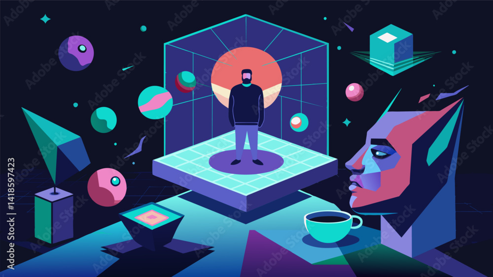 A projection mapping installation combining digital art and reallife objects exploring the artists inner turmoil and emotional complexities.. Vector illustration