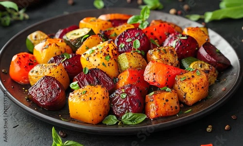 Colorful roasted root vegetables and zucchini.