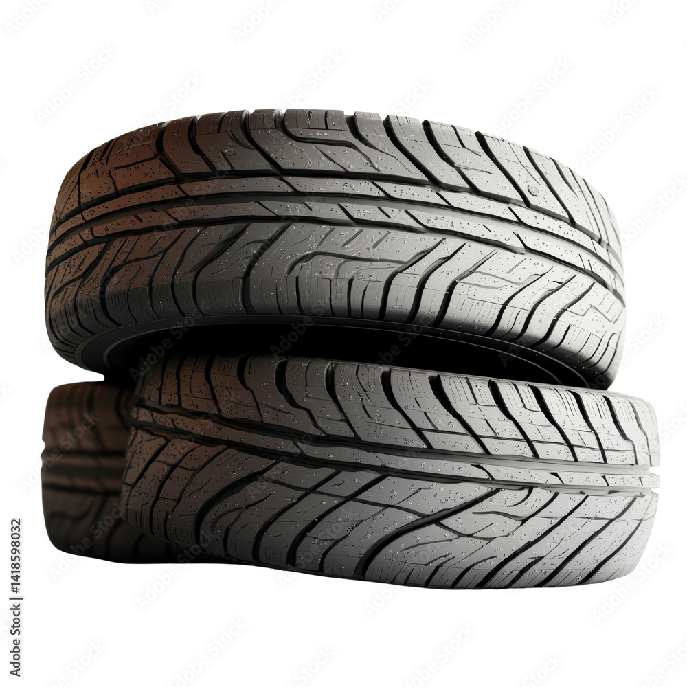 Two tires placed side by side on a solid black background for automotive and transportation themes isolated on a white background, Two tires placed side by side on a solid black background for automotive and transportation themes isolated on a white background,