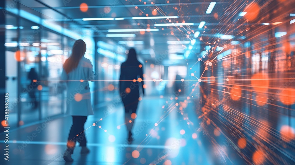 Fototapeta premium People walking in a futuristic hallway with digital network overlay and bright blue lighting effects