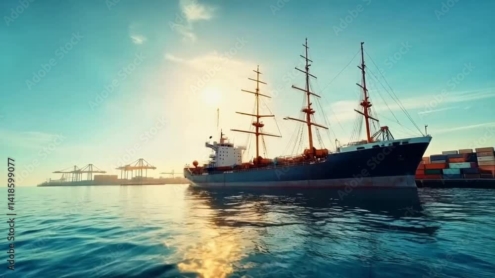 Majestic sailing ship docked at bustling port during golden sunset Majestic sailing ship docked at bustling port during golden sunset