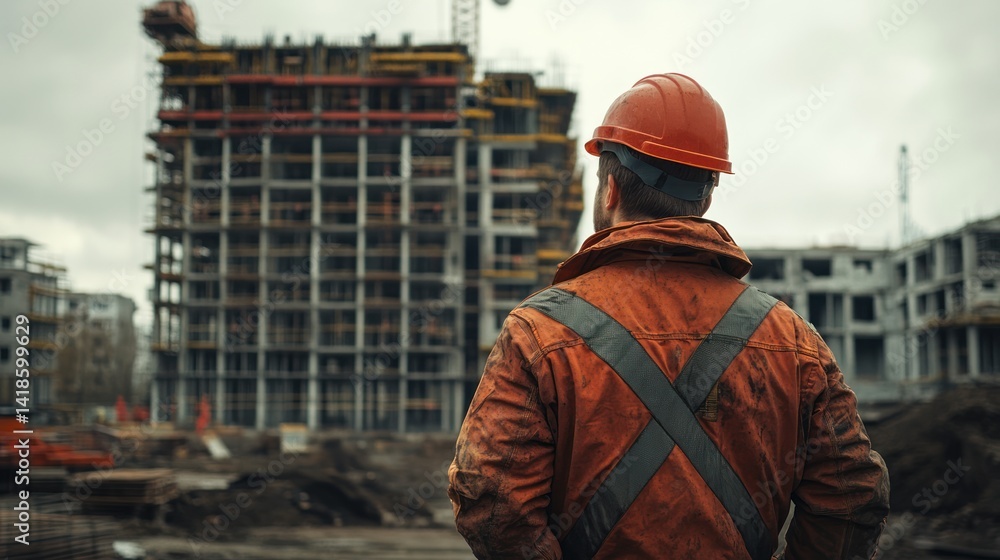 Construction worker observes the building site, highlighting the dedication and progress in modern architecture. Construction worker observes the building site, highlighting the dedication and progress in modern architecture.