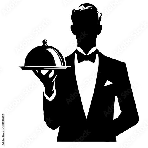 Classic tuxedo butler holding covered dish tray – fine dining service illustration for restaurants, private chefs or luxury hotel marketing