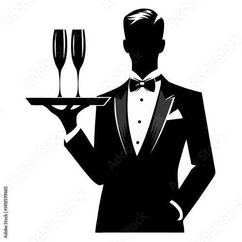 Elegant butler in tuxedo serving champagne glasses on tray – hospitality service concept for luxury events, catering or upscale dining
