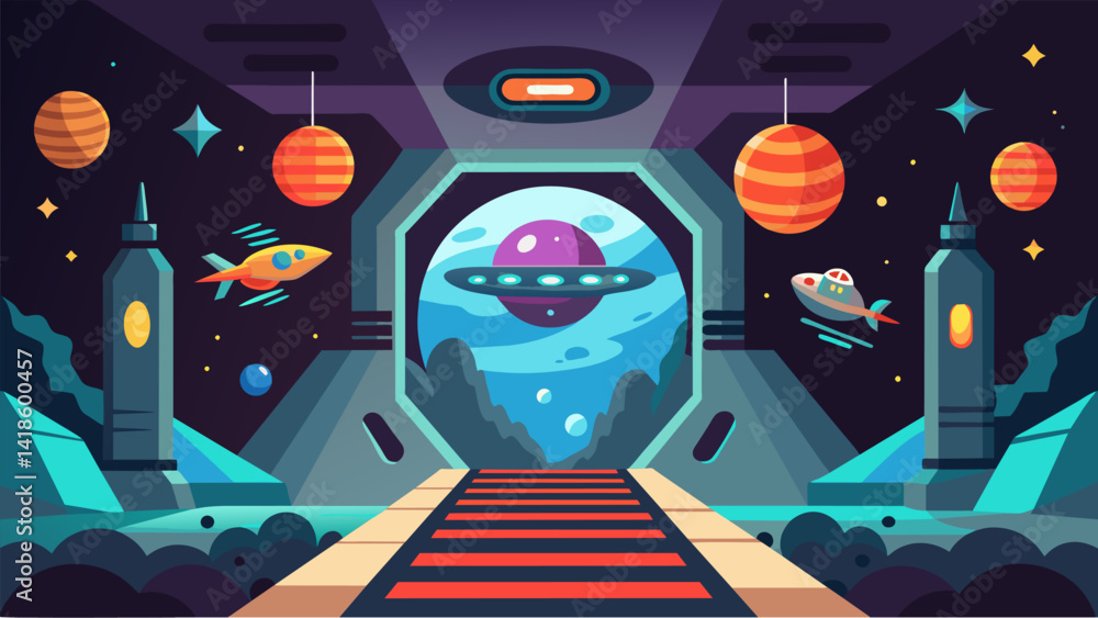 A thrilling adventure through an abandoned spaceship with zerogravity rooms alien technology and unexpected obstacles.. Vector illustration