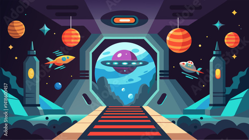 Obraz na płótnie A thrilling adventure through an abandoned spaceship with zerogravity rooms alien technology and unexpected obstacles.. Vector illustration w salonie