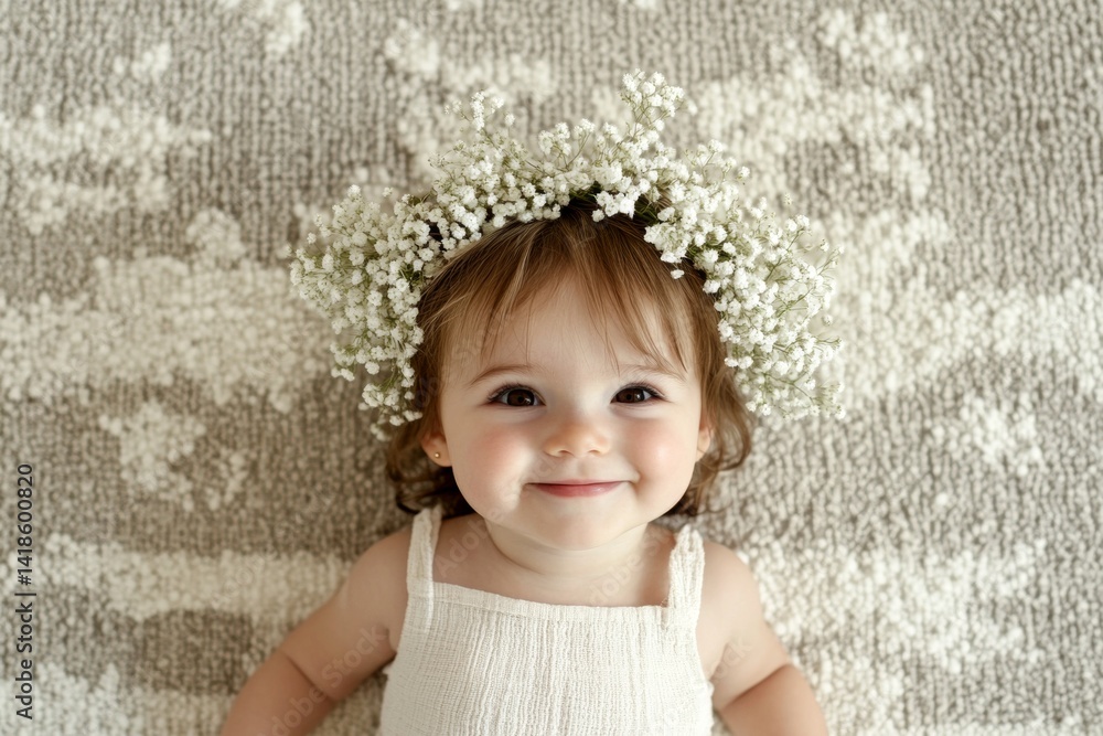 Sunny daylight. Happy caucasian toddler girl with brown hair wearing white flower crown on her head. Happy summertime visual idea. Sunshine and laughter for kids. Summer joy for kids. Sunny daylight. Happy caucasian toddler girl with brown hair wearing white flower crown on her head. Happy summertime visual idea. Sunshine and laughter for kids. Summer joy for kids.