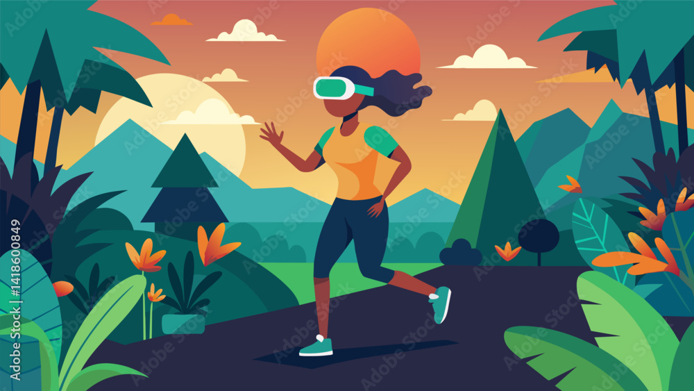 An early morning riser starting their day with a virtual reality jogging session through an exotic virtual jungle on their mobile VR headset.. Vector illustration