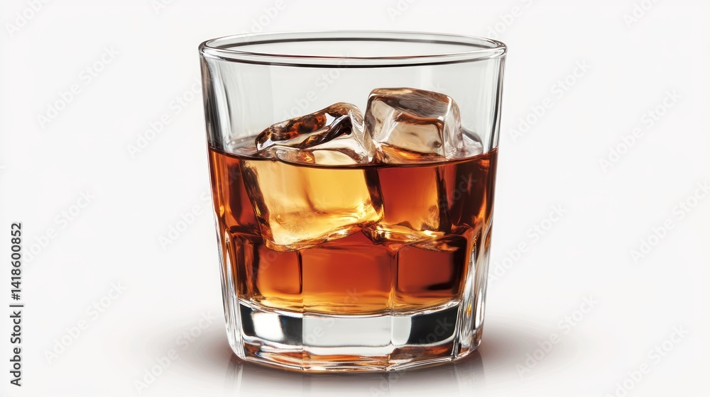 Whiskey, ice, rocks glass, studio shot, white background, beverage, alcohol, advertising Whiskey, ice, rocks glass, studio shot, white background, beverage, alcohol, advertising