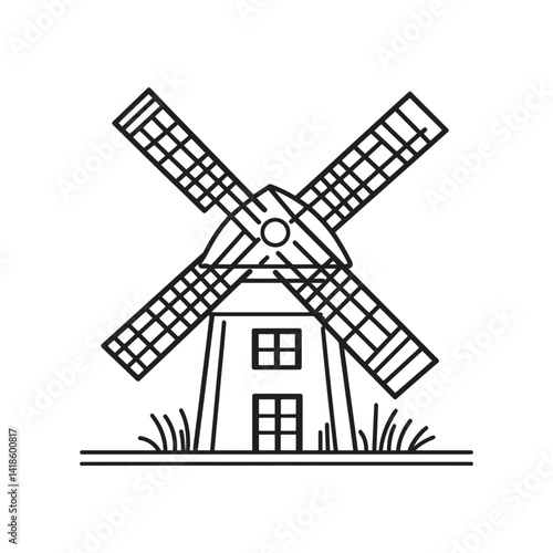 Minimalist Windmill Line Art Icon with Transparent Background and Simple Design
