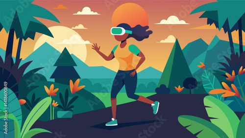 Obraz na płótnie An early morning riser starting their day with a virtual reality jogging session through an exotic virtual jungle on their mobile VR headset.. Vector illustration w salonie
