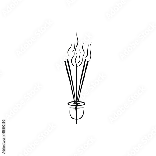 Minimalistic Incense Sticks in Holder with Flames Outline on Transparent Background