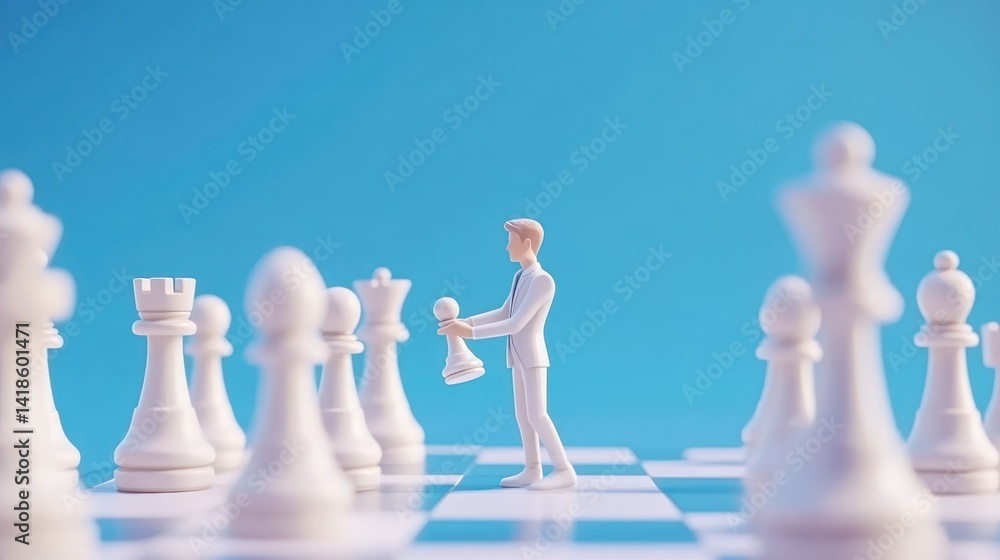Miniature businessman moving chess king; blue background; strategy; business concept Miniature businessman moving chess king; blue background; strategy; business concept