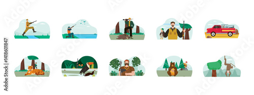 Hunter set illustration. Flat vector illustration concept.