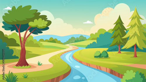 A serene stream runs through the greenery of the park providing the perfect sketching subject for an artist on a sunny day.. Vector illustration