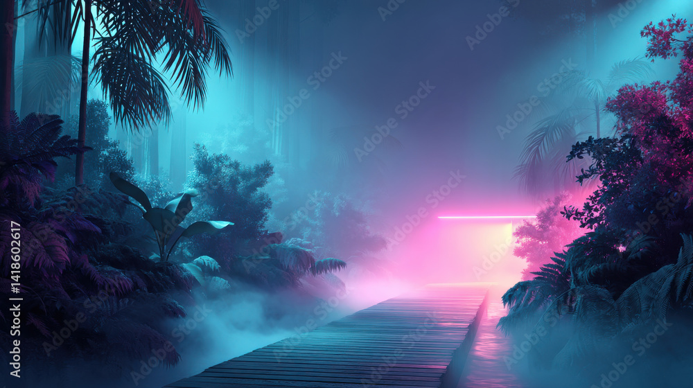 Obraz premium misty jungle path is illuminated by neon purple and blue lights