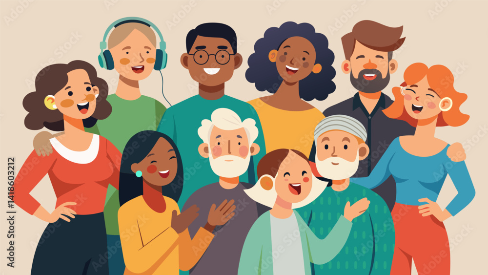 A diverse group of individuals from different ages and backgrounds come together in perfect harmony united by their love of music and community.. Vector illustration