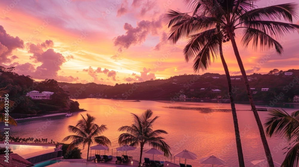 Fototapeta premium Sunset over tropical bay resort view