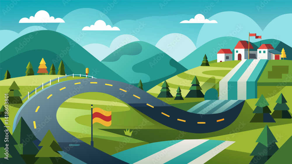 A race taking place on a virtual track that simulates a picturesque countryside with rolling hills and quaint villages in the background.. Vector illustration
