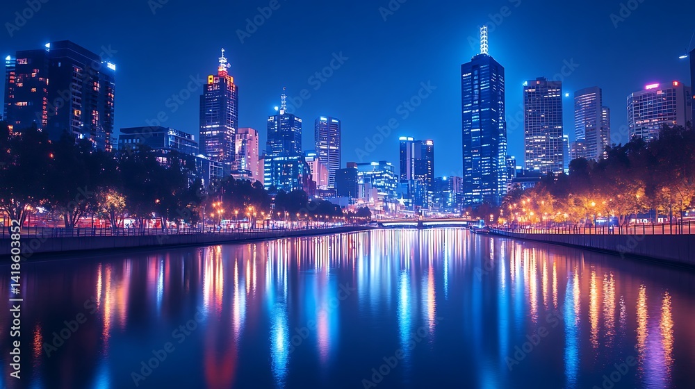 Naklejka premium Melbourne’s skyline lights beautifully reflect on the calm waters of the Yarra River at night, creating a vibrant cityscape with color and urban energy.