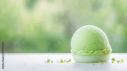 Single scoop of vibrant green sorbet on a small, pale green dessert holder