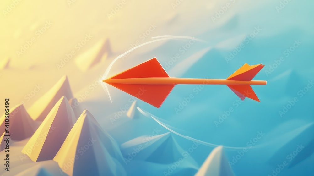 Red arrow flying over abstract landscape, achieving target, success concept Red arrow flying over abstract landscape, achieving target, success concept