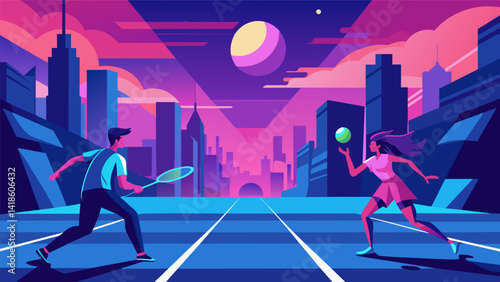 Obraz na płótnie In a sprawling futuristic cityscape two players engage in a fastpaced virtual tennis match straining to return the digital ball flying at breakneck. Vector illustration w salonie