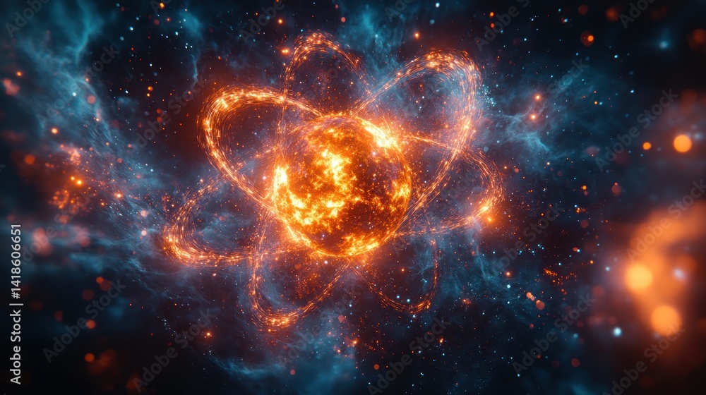 Fototapeta premium Fiery Atomic Nucleus in Cosmic Nebula: A Stunning Visual Representation of Energy and the Universe