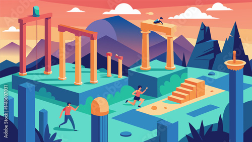 Explore a vast virtual calisthenics park complete with ancient ruins and hidden challenges testing your strength and agility at every turn.. Vector illustration