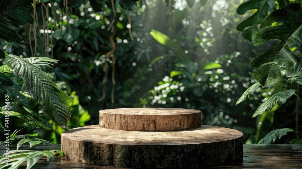 A rustic wooden podium set in a lush tropical forest, perfect for product presentations. The scene captures serene sunlight filtering through dense foliage, creating a vibrant backdrop. A rustic wooden podium set in a lush tropical forest, perfect for product presentations. The scene captures serene sunlight filtering through dense foliage, creating a vibrant backdrop.