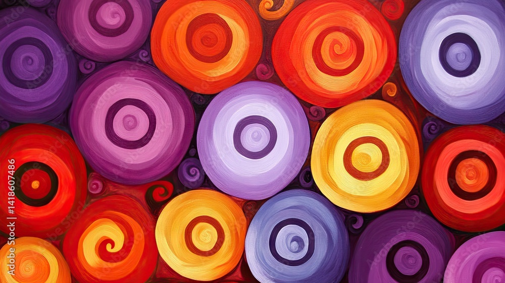 A vibrant abstract painting of concentric circles in a spectrum of colors. A vibrant abstract painting of concentric circles in a spectrum of colors.