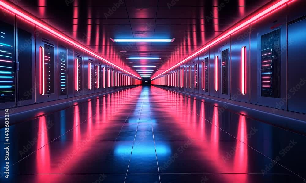 Futuristic server room corridor with neon lighting. Futuristic server room corridor with neon lighting.