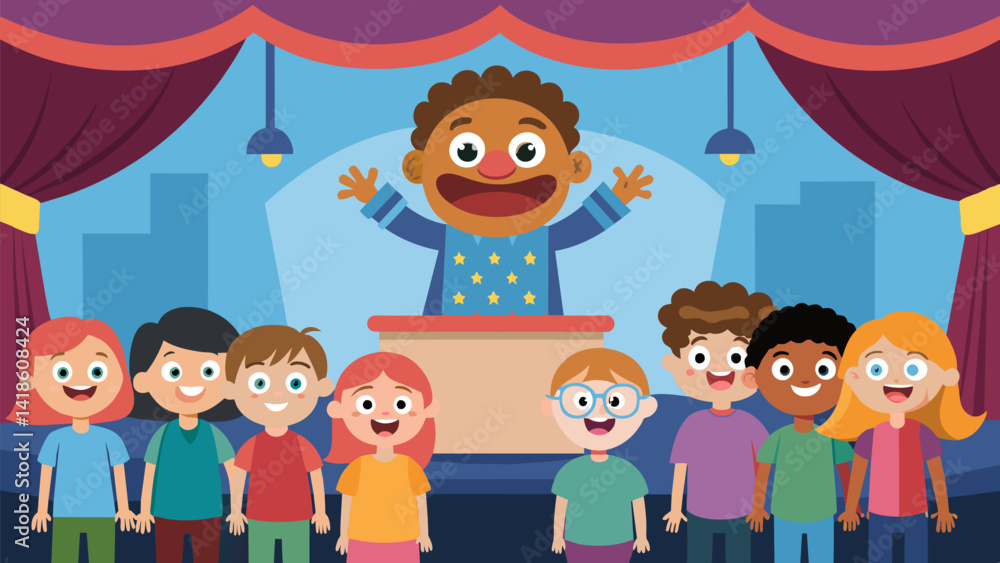 A group of children gathered around a puppet stage in a daycare center wideeyed and excited as they watch the show.. Vector illustration