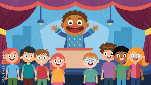 Obraz na płótnie A group of children gathered around a puppet stage in a daycare center wideeyed and excited as they watch the show.. Vector illustration w salonie