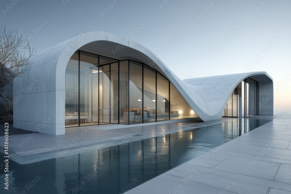Fototapeta premium Modern White Curved Building with Reflecting Pool and Mountain Views