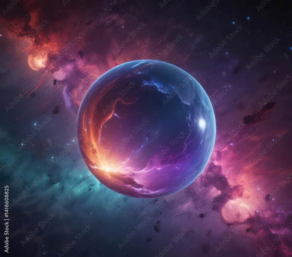 Fototapeta premium Floating luminescent sphere, vibrant nebula backdrop , planets, art