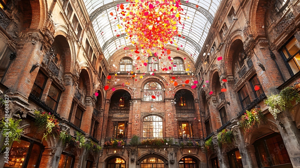 Obraz premium Elaborate Interior Arches with Floral Decoration and Floating Paper Hearts