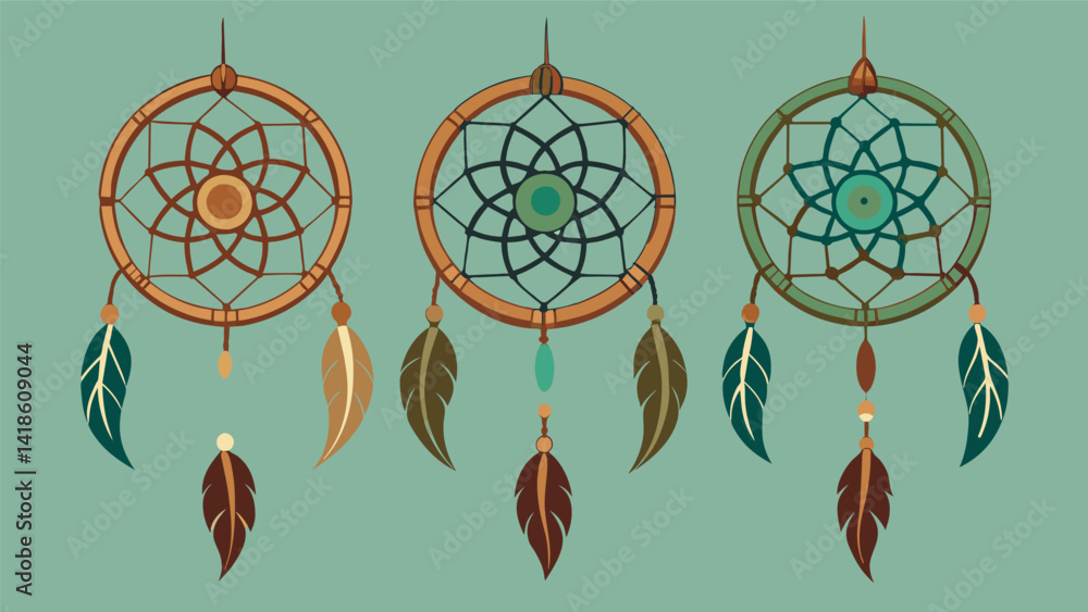 A trio of intricate dreamcatchers woven from branches sinew and feathers each one uniquely patterned with wooden beads and tiny shells.. Vector illustration
