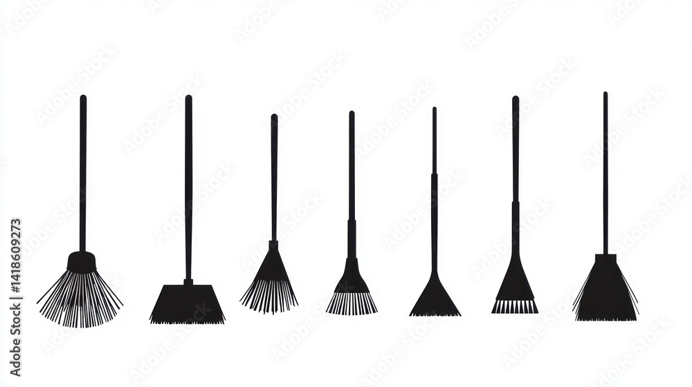 Naklejka premium Broom types, cleaning tools, white background, cleaning supplies, website illustration