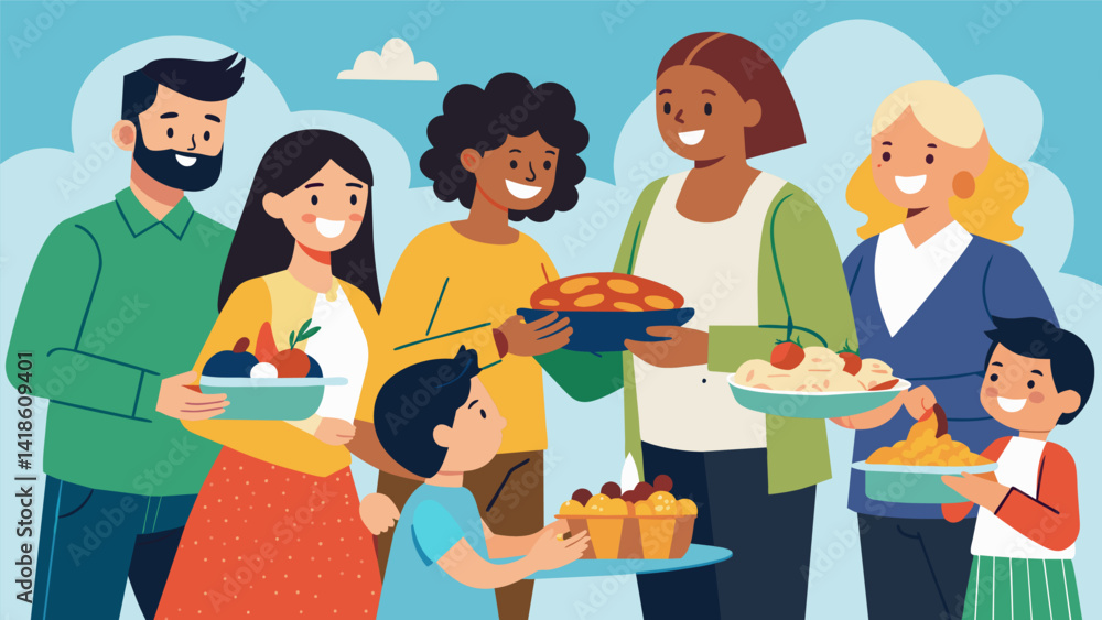 A gathering of families and friends as they bring their signature dishes to share and bond over at the annual potluck community dinner.. Vector illustration